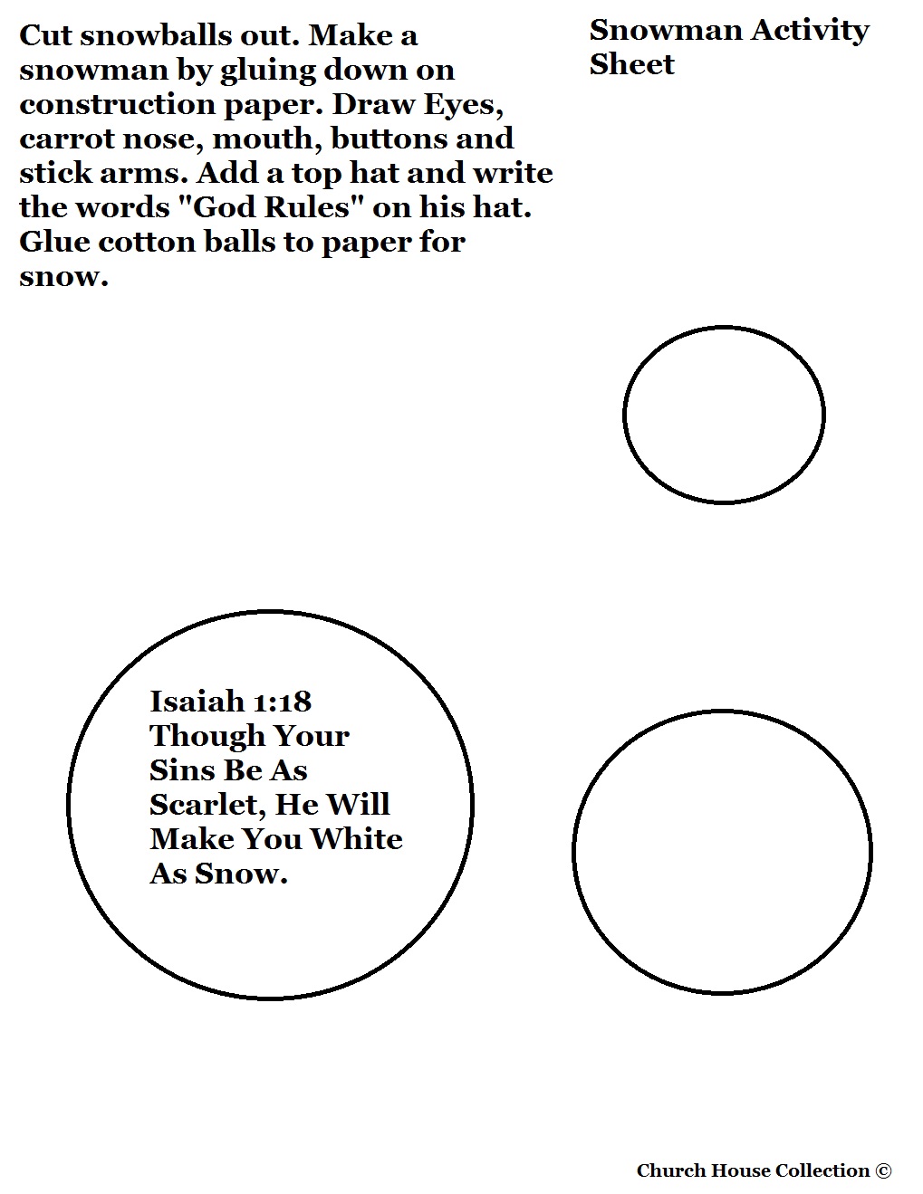 Free Christmas Snowman Cutout Craft For Sunday School Kids By Church House Collection. Snowman Printable Template Cutout Activity for Preschoolers and Toddlers.